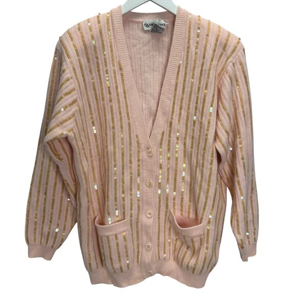 Vintage Evan Picone V-Neck Cardigan Sweater Pink Sequins Angora Wool Size L - Picture 1 of 7